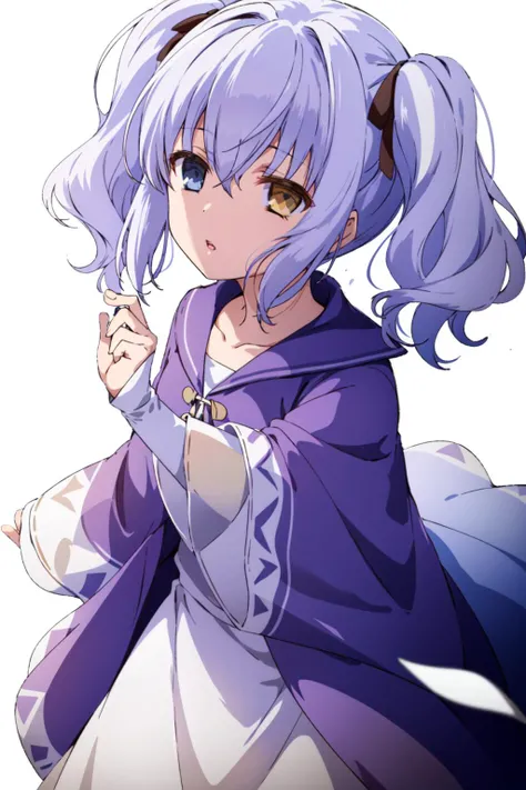 masterpiece, best quality, 1girl, solo,<lora:Nephren-000035:0.6>, looking at viewer, open mouth, bangs, blue eyes, simple background, long sleeves, dress, ribbon, hair between eyes, twintails, standing, collarbone, hair ribbon, yellow eyes, white hair, parted lips, hand up, wide sleeves, white dress, black ribbon, heterochromia, robe, <lora:GoodHands-beta2:1>