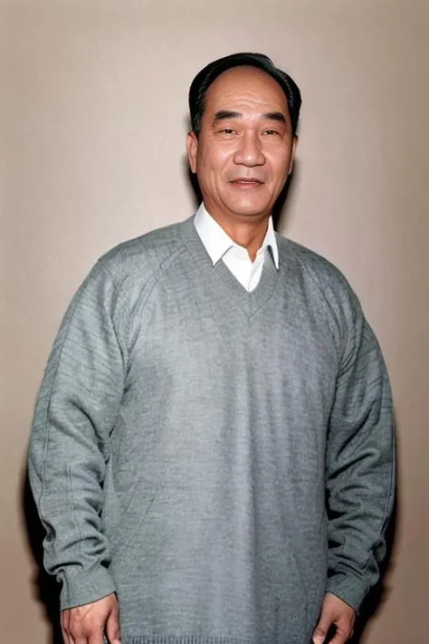 best quality, masterpiece, Asian men,solo, lips, grey_background,realistic, full body, looking_at_viewer, black_hair, brown_eyes, sweater, forehead, nose,Long gown,old man, 60 yeas old, <lora:houbaolin:0.8>