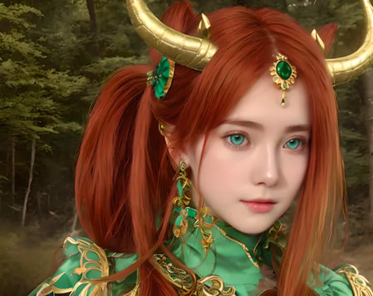 <lora:Nilou:0.8>, photo of ultra detailed cute girl, highly detailed background, (photo realistic:1.3), 1girl, (solo:1.3), realistic light, detailed eyes, blue eyes, detailed face, long red hair gathered in two ponytails, an ornate sea-green dress, gold accessories, a pair of horns, night scary forest background