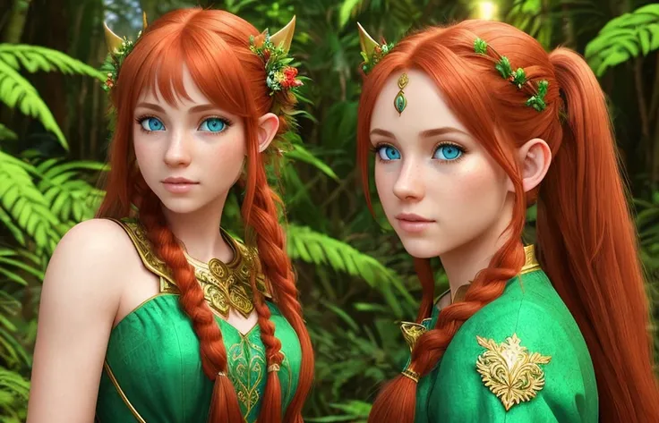 highly detailed background, (photo realistic:1.3), 1girl, (solo:1.3), realistic light, detailed eyes,blue eyes, detailed face, long red hair gathered in two ponytails, an ornate sea-green dress, gold accessories, magical jungle elven forest background, ultra detailed cute girl