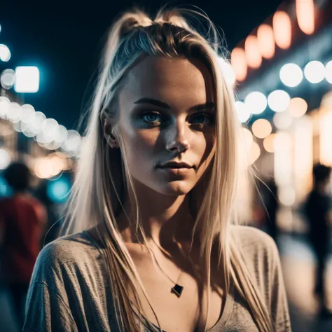 RAW photo, a portrait photo of 25 y.o swedish woman in casual clothes, night, city street, (high detailed skin:1.2), 8k uhd, dslr, soft lighting, high quality, film grain, Fujifilm XT3