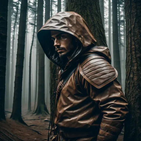 (Award Winning Photo:1.3) of Masterpiece, a man, male focus, ranger in rainy wood, fur hooded, leather armor with backpack (high detailed skin:1.2), 8k, uhd, dslr, soft lighting, high quality, film grain, Fujifilm XT3, epic, intricate details, hyperdetailed, Highly Detailed