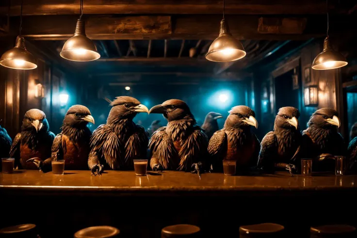 crowded bar filled with (crow:1.0) (people:1.2) (anthropomorphic:1.5) birdman, masterpiece, best quality, highres, realistic, photo, 8k, feathery, <lora:add_detail:1> ( cinematic lighting:1.2), (cinematic color grading:1.2),