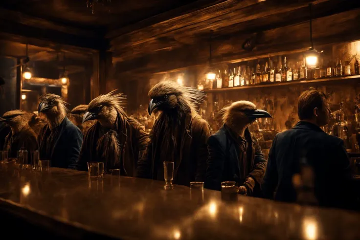 crowded bar filled with (crow:1.0) (people:1.2) (anthropomorphic:1.5) birdman, masterpiece, best quality, highres, realistic, photo, 8k, feathery, <lora:add_detail:1> (cinematic color grading:1.2),