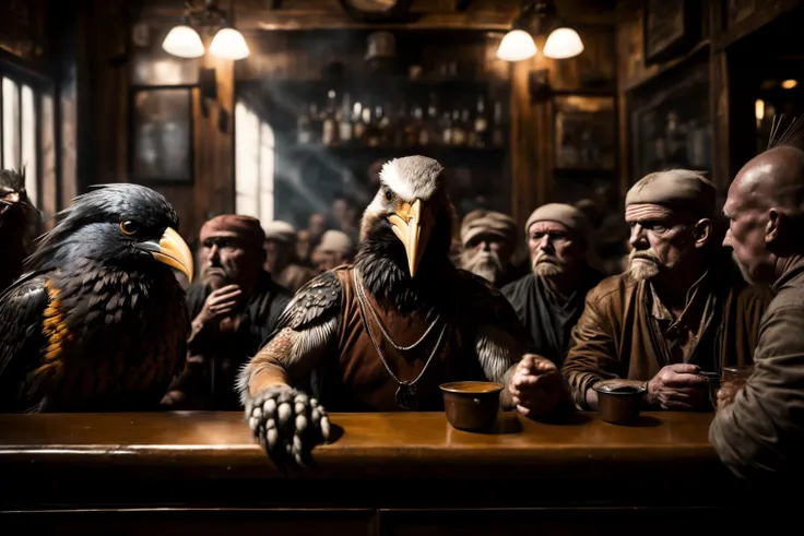 crowded bar filled with (crow:1.0) (people:1.2) (anthropomorphic:1.5) birdman, masterpiece, best quality, highres, realistic, photo, 8k, feathery, <lora:add_detail:2>