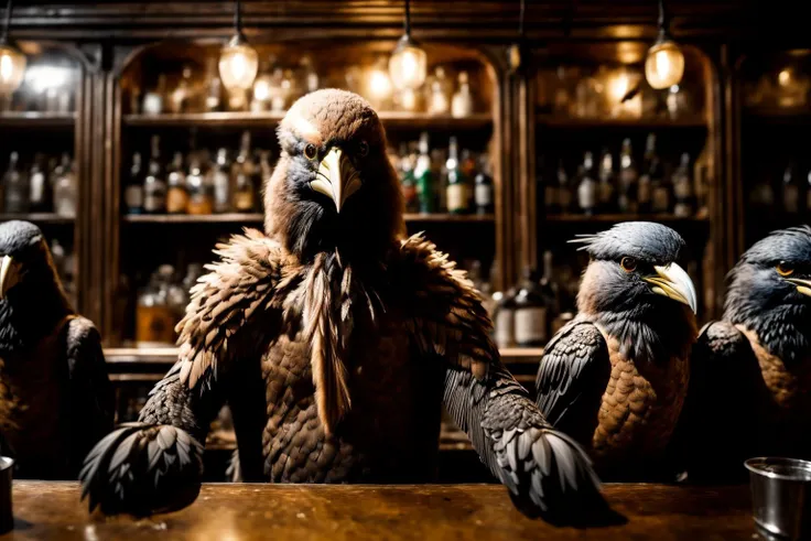 crowded bar filled with (crow:1.0) (people:1.2) (anthropomorphic:1.5) birdman, masterpiece, best quality, highres, realistic, photo, 8k, feathery, <lora:add_detail:2>