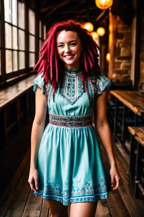 a photo of a redhead irish girl, smiling, tattoo, blue dreads, folk dress, Ukrainian short dress, pronounced feminine feature, insane details, intricate details, hyperdetailed, complex background, medieval tavern, indoors