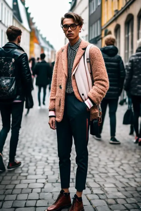 A hyper - realistic full body in frame shot on Sony A7 IV photo of  (Danish Pastel Style Street Fashion photo of a man) , hyper - detailed, insane details, intricate details