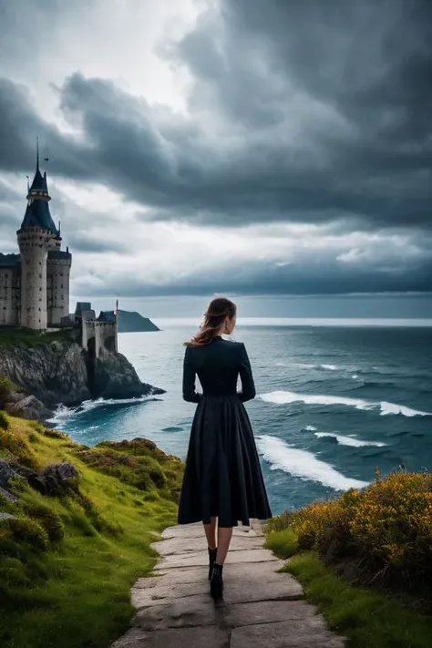 majestically cinematic close up professional photo quality shot of a young woman standing at the edge of a gothic castle, overlooking a stormy sea. Her intricate gothic dress flutters in the wind, matching the dark, brooding clouds above. The castle's turrets, the tumultuous waves, and the woman's complex emotions are all captured in this scene. This extremely detailed, magazine-quality photograph showcases expert precision, including intricate examples of undeniably amazing image quality and detailed design. The scene is captured in stunning 8k sharp focus and 32k resolution.