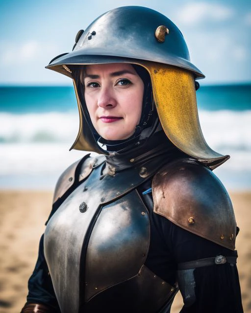 Stunning professional cosplay photo of an English woman wearing an iron helmet standing on a desolate beach, 8k resolution, dslr, bokeh