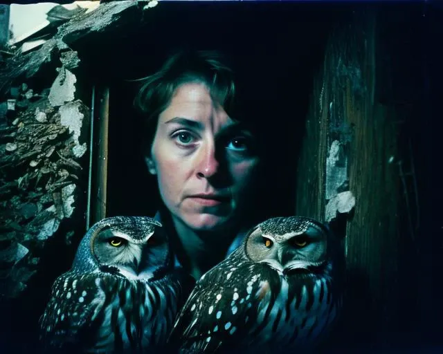 Stunning professional 1990s film still. A beautiful woman exploring the dark interior of crumbling old house. It is full of owls. Highly detailed, dslr, beautiful face. Blue color grading.