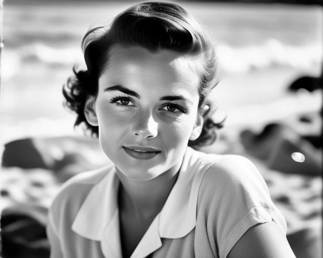 Stunning professional 1950s photo of a beautiful woman on beach, highly detailed, dslr, beautiful face