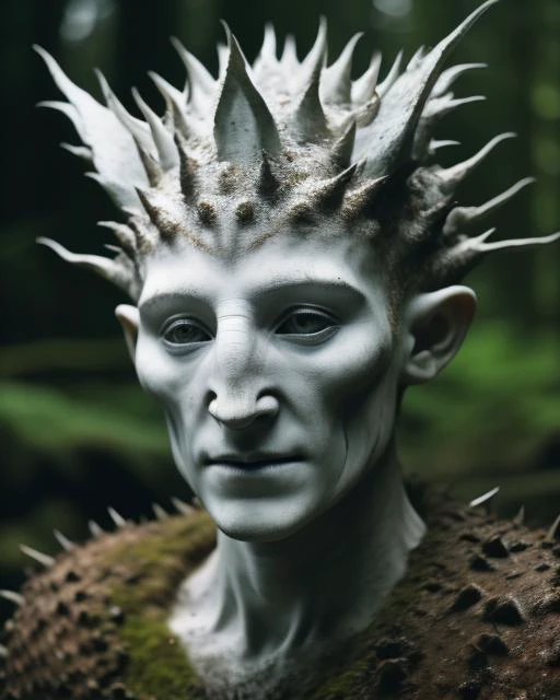 Stunning professional fantasy film still. Closeup, torso, abs, facing the camera. A beautiful pale female Irish forest spirit, soft face, human, gentle smile, spiny head. Highly detailed, dslr, beautiful face, dof. Soft cinematic lighting. Still shot.