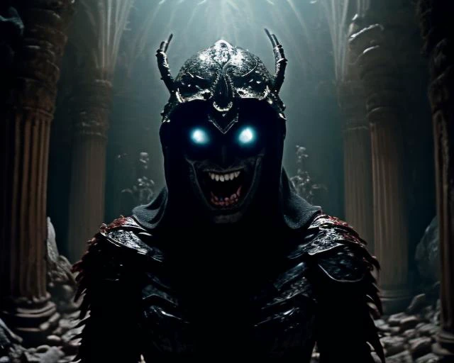 tStunning professional fantasy film still. A creepy ancient spider goddess in a crumbling underground pagan temple. Black chitinous armor. Fanged red lipless grinning mouth. Tall helmet that obscures everything but her mouth. Highly detailed, dslr, beautiful face. Soft cinematic lighting. Dynamic shot.
