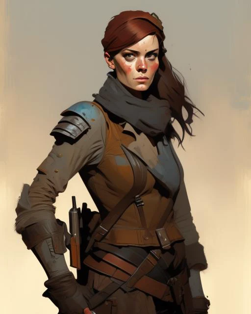 A grim beautiful female French post-apocalyptic mercenary. Painting by Philnoto, rich color, realism, crisp details, simple light background, stylized
