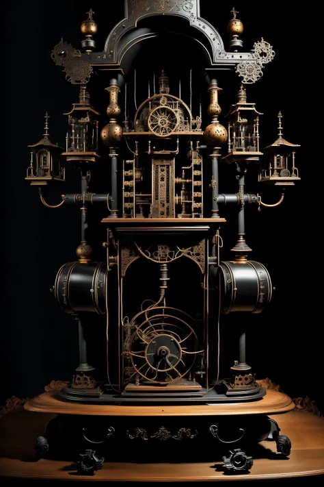 use the name of the embedding at the start of prompt baroqueAI snth, wood and iron computer with dials, large power switches, activation levers, gallows and glass tubes, cinematic photoraphy, a baroque bizarre computer, gas lamps and electric readout displays <lora:baroqueAI:0.61> <lora:synth3:0.61>