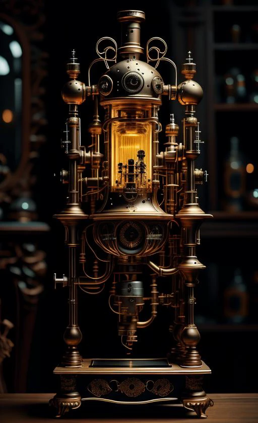 use the name of the embedding at the start of prompt baroqueAI micro snth, wood and iron microsynth computer with meters, dials, large power switches, activation levers, bellows, glowing plasma glass tubes, cinematic photoraphy, a baroque bizarre computer, gas lamps and electric readout displays <lora:baroqueAI:0.61> <lora:synth3:0.61> <lora:micro:.41> <lora:AbsinthePunkAI:0.21> AbsinthePunkAI,