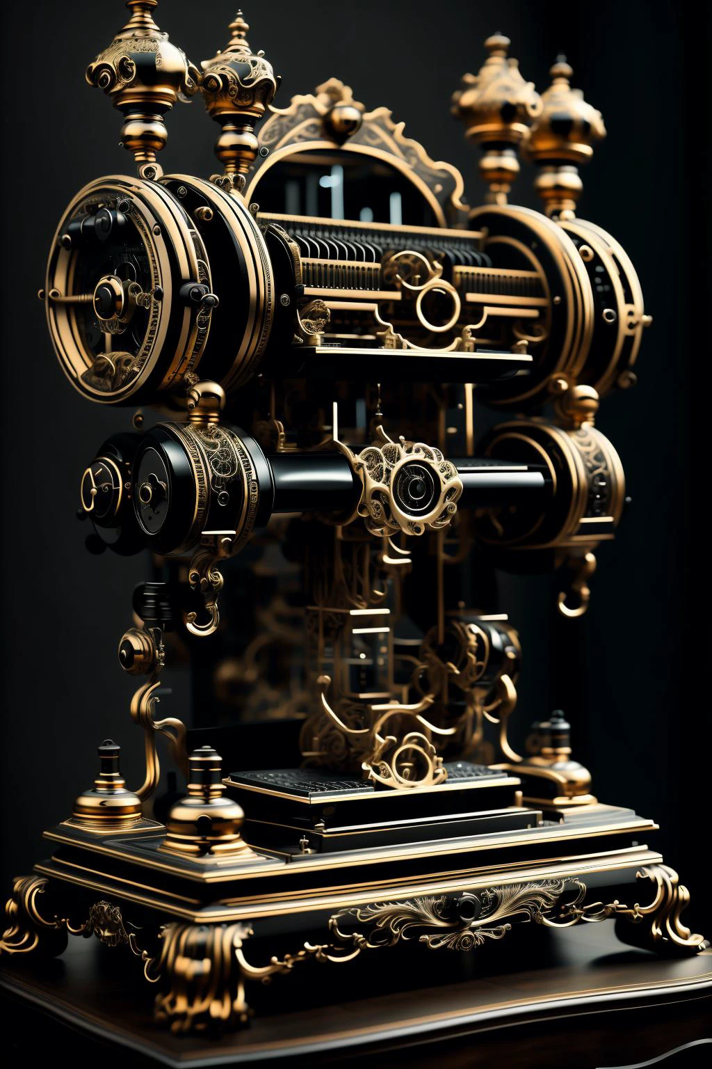 use the name of the embedding at the start of prompt baroqueAI snth, alternative 1890 advanced technology, a baroque styled brass and onyx and silver computer with inscrutable physical controls including dials and pulleys and levers and gallows and switches, cinematic photoraphy, a baroque bizarre computer, gas lamps and electric readout displays <lora:baroqueAI:0.61> <lora:synth3:0.61>