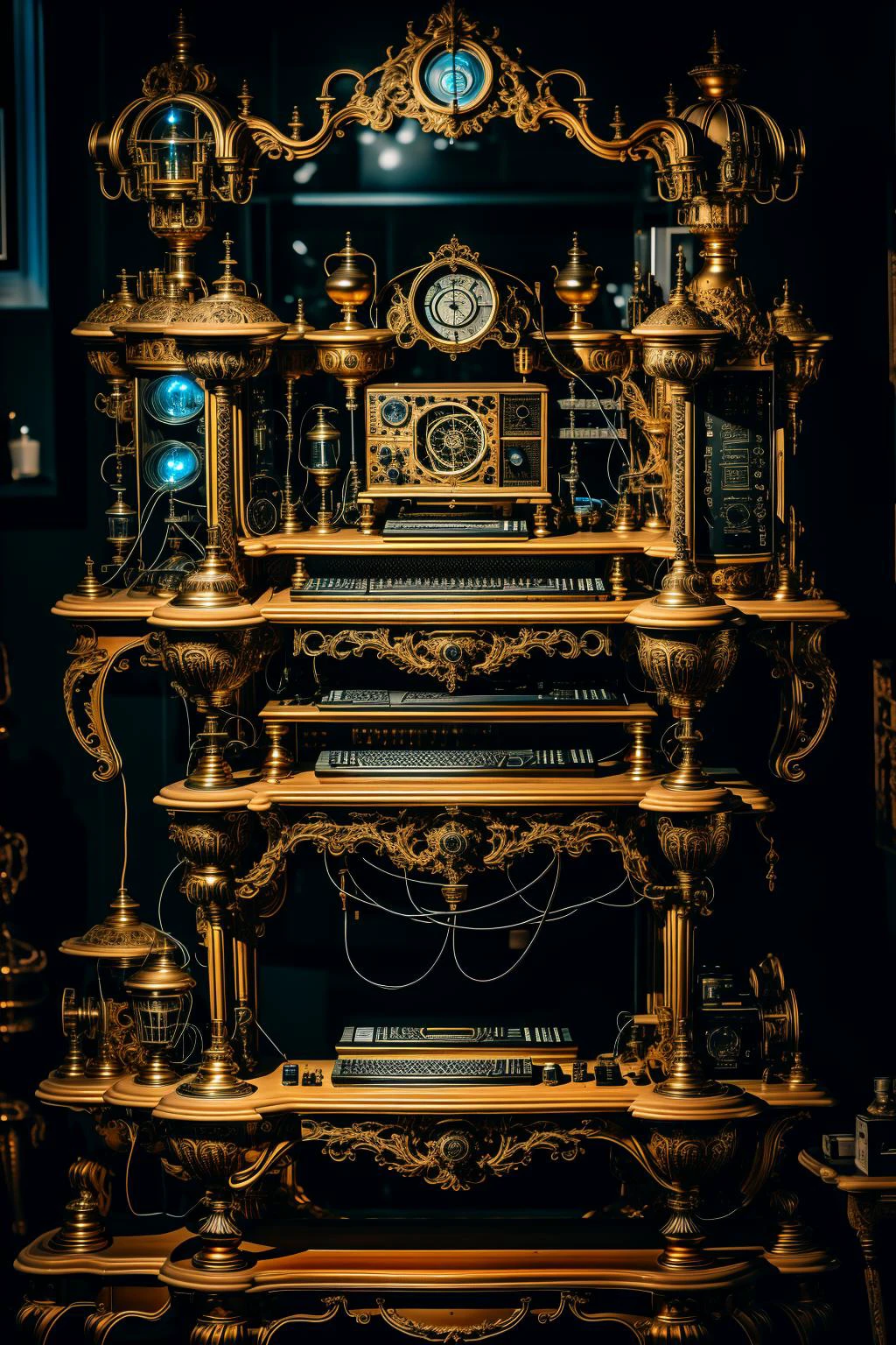 use the name of the embedding at the start of prompt baroqueAI snth, alternative 1890 advanced technology, a baroque styled brass and onyx and silver computer with massive steampunk monitors and inscrutable physical controls including dials and pulleys and levers, cinematic photoraphy of a person in period clothing operating a baroque bizarre computer, professional color grading cinematography, gas lamps and electric readout displays <lora:baroqueAI:0.61> <lora:synth3:0.61>