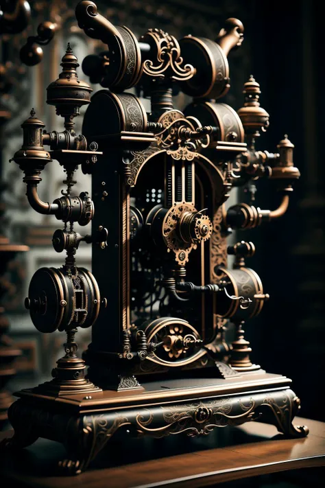use the name of the embedding at the start of prompt  baroqueAI wood and iron computer with dials, large power switches, activation levers, gallows and switches, cinematic photoraphy, a baroque bizarre computer, gas lamps and electric readout displays <lora:baroqueAI:0.61>