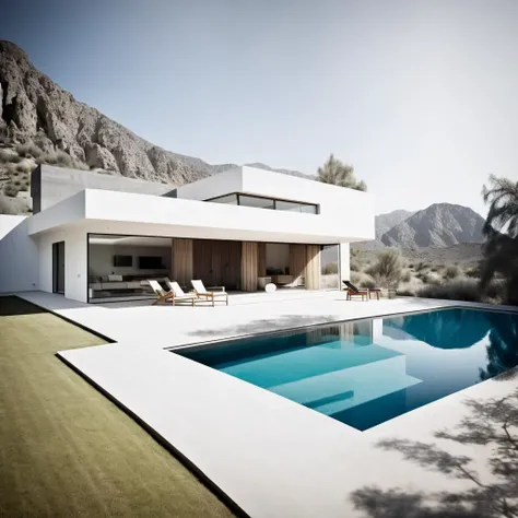 the pool of the villa is surrounded by palm trees, in the style of bauhaus functional design, contemporary diy, carl holsoe, 32k uhd, midcentury modern, mountainous vistas, vintage minimalism