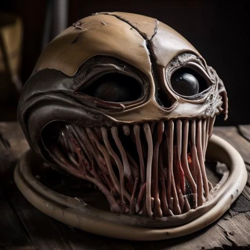 severed alien head, decaying, on a wooden table, biological, highly realistic, flesh, highly detailed, sharp teeth, masterpiece, 8k, gruesome, creepy, scary, living