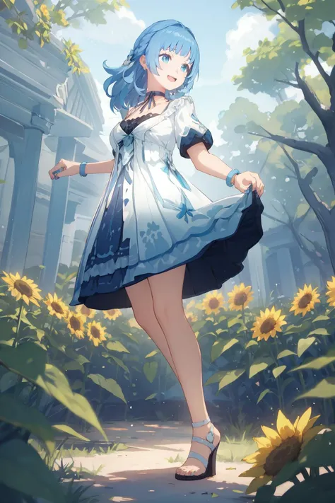 masterpiece, best quality, 1girl, solo, full body, <lora:Genshin_NPC_MaryAnn_v2-000095:0.8:lbw=MIDD>, shiny blue hair, shiny blue eyes, blue nails, blue toenail polish, bow, ribbon, jewelry, collarbone, choker, medium hair, puffy short white sleeves, high-heels, white dress, french braid, bracelet, hair intakes, sandals, white footwear, (blue dresscoat, blue skirt:1.5), beautiful forest garden, grass, dirt path, antique house, outdoors, daytime, skipping, huge tall sunflowers, smiling, singing, open mouth, lifting own skirt,