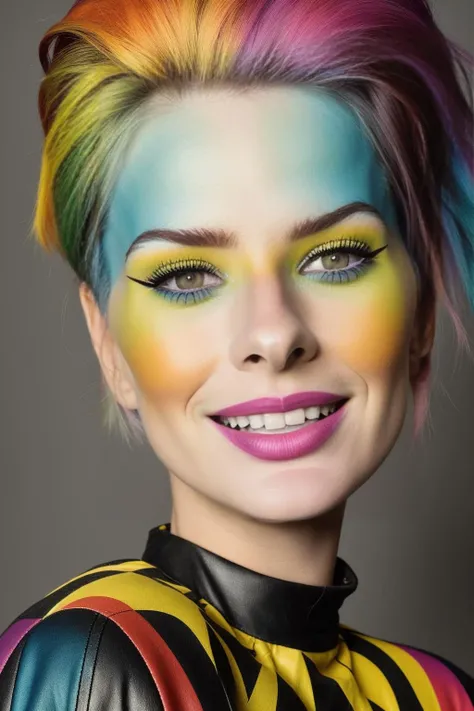 analog style, modelshoot style, portrait of sks woman smiling by Flora Borsi, style by Flora Borsi, bold, bright colours, rainbow Mohawk haircut, ((Flora Borsi)) <lora:lachina:1> <lyco:locon_perfecteyes_v1_from_v1_64_32:0.85>