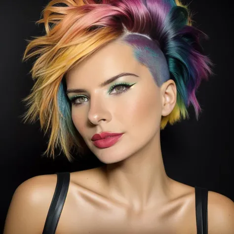 analog style, modelshoot style, portrait of sks woman by Flora Borsi, style by Flora Borsi, bold, bright colours, rainbow Mohawk haircut, ((Flora Borsi)) <lora:lachina:1>