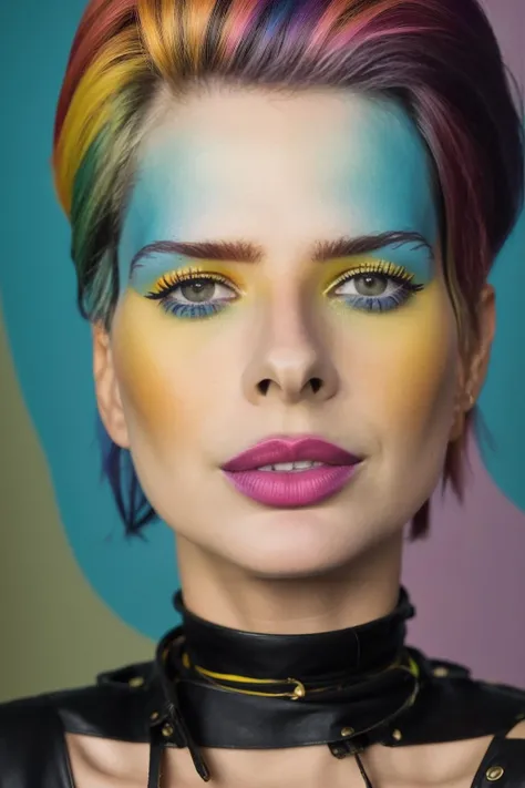analog style, modelshoot style, portrait of sks woman by Flora Borsi, style by Flora Borsi, bold, bright colours, rainbow Mohawk haircut, ((Flora Borsi)) <lora:lachina:1>