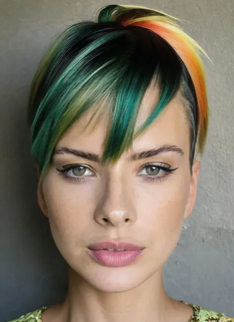 portrait of sks woman by Flora Borsi with the mouth closed with (light green eyes:0.80), style by Flora Borsi, bold, bright colours, rainbow Mohawk haircut, ((Flora Borsi)), <lora:lachina:1>