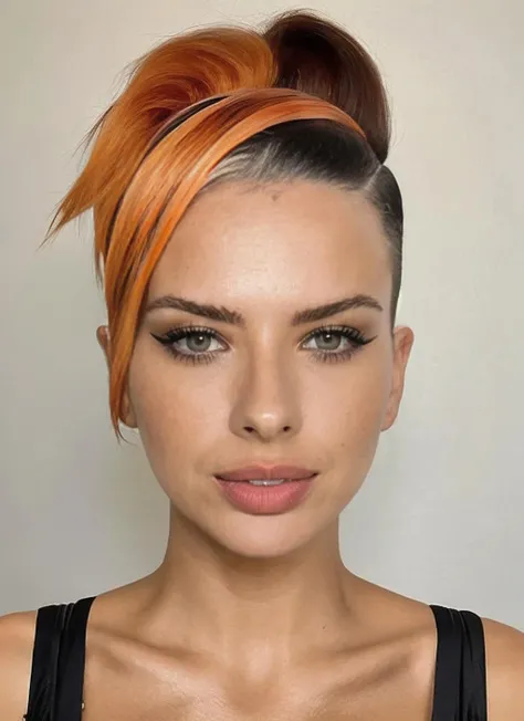 photo of sks woman in bikini by Flora Borsi with the mouth closed, style by Flora Borsi, bold, bright colours, orange Mohawk haircut, ((Flora Borsi)), <lora:lachina:1>