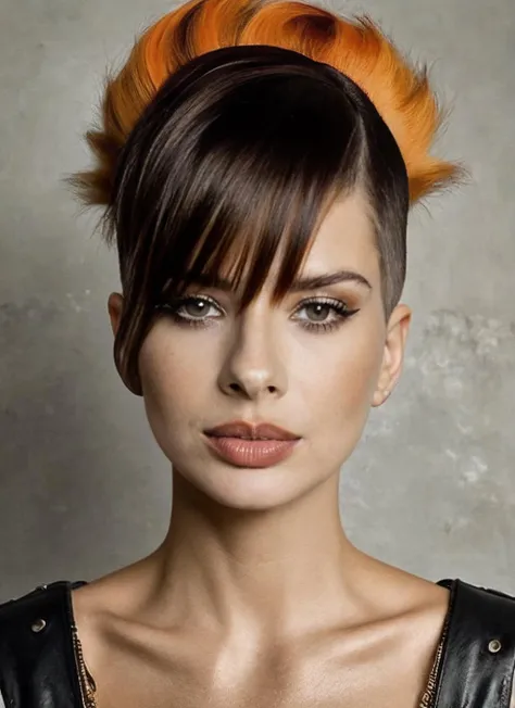 portrait of sks woman by Flora Borsi with the mouth closed, style by Flora Borsi, bold, bright colours, orange Mohawk haircut, ((Flora Borsi)), <lora:lachina:1>