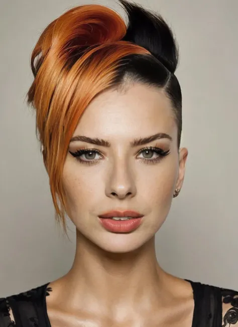 portrait of sks woman by Flora Borsi with the mouth closed, style by Flora Borsi, bold, bright colours, orange Mohawk haircut, ((Flora Borsi)), <lora:lachina:1>