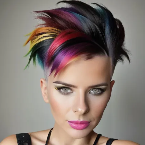 analog style, modelshoot style, portrait of sks woman by Flora Borsi, style by Flora Borsi, bold, bright colours, rainbow Mohawk haircut, ((Flora Borsi)) <lora:lachina:1>