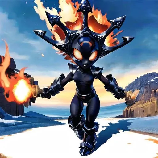 masterpiece, Highest Quality, Highest Resolution, perfect background, perfect perspective, sharp image, perfect details, perfect lighting, perfect shadows, Perfect lighting, Best background, 
perfect anime, 1girl, solo, Smolderdash, medium breasts, holding, fire whip, colored skin, black skin, helmet, full body, volcano, metal boots,