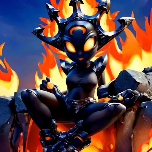 masterpiece, Highest Quality, Highest Resolution, perfect background, perfect perspective, sharp image, perfect details, perfect lighting, perfect shadows, Perfect lighting, Best background,
1girl, solo, Smolderdash, fire, medium breasts, sittingon metal chsair,