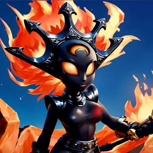 masterpiece, Highest Quality, Highest Resolution, perfect background, perfect perspective, sharp image, perfect details, perfect lighting, perfect shadows, Perfect lighting, Best background,
1girl, solo, Smolderdash, fire, medium breasts, holding, fire whip, colored skin, black skin, helmet,