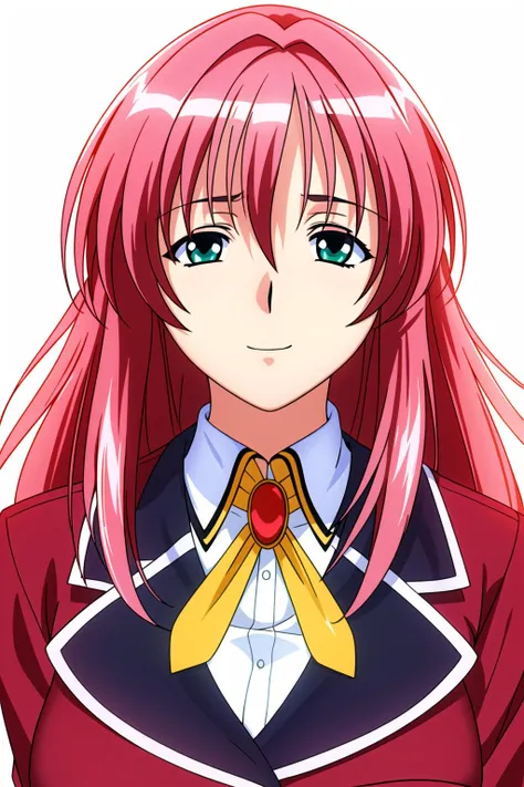 Simple White Background,
uniform with a yellow tie,red jacket,long sleeves,buttons, collared shirt,
<lora:Akari_Mizuno_Houkago-KK77-V1:0.7>,
pink hair,green eyes, Bangs,long hair,
<lora:Mariana_Luciano_NON_VIRGIN-KK77-V1:0.3>,<lora:more_details:0.1>,
1 girl, 20yo,Young female,Beautiful Finger,Beautiful long legs,Beautiful body,Beautiful Nose,Beautiful character design, perfect eyes, perfect face,expressive eyes,perfect balance,
looking at viewer,(Focus on her face),closed mouth, (innocent_big_eyes:1.0),Light_Smile,
official art,extremely detailed CG unity 8k wallpaper, perfect lighting,Colorful, Bright_Front_face_Lighting,shiny skin,
(masterpiece:1.0),(best_quality:1.0), ultra high res,4K,ultra-detailed,
photography, 8K, HDR, highres, absurdres:1.2, Kodak portra 400, film grain, blurry background, bokeh:1.2, lens flare, (vibrant_color:1.2),professional photograph,
(Beautiful,large_Breasts:1.4), (beautiful_face:1.5),(narrow_waist),