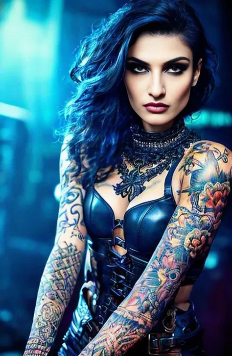 Raw++ intricate portrait photograph of a bold and confident tattooed brunette with a seductive facial expression, gritty++, intricate details, (intricate++ blue-- eyes), posing in a dark and moody industrial setting, sexy s&m clothing, leather & lace+, spiked dog collar, hard lighting, (detailed skin and hair texture)+++, highly contrasted, high-quality photo shot on iPhone