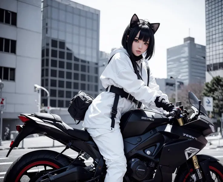 <lora:yhmotorbikev0.2:0.95> masterpiece, best quality, beautiful face, 1girl, with cat-ears on head, fur, wearing techwear jacket and trousers with buckle and tape, (riding a white yhmotorbike on a city street), posing for a picture, (Cobalt bob cut), beautifully color-coded, beautifully color graded, long legs, happy warm smile <lora:urbansamurai_v0.3:0.5>