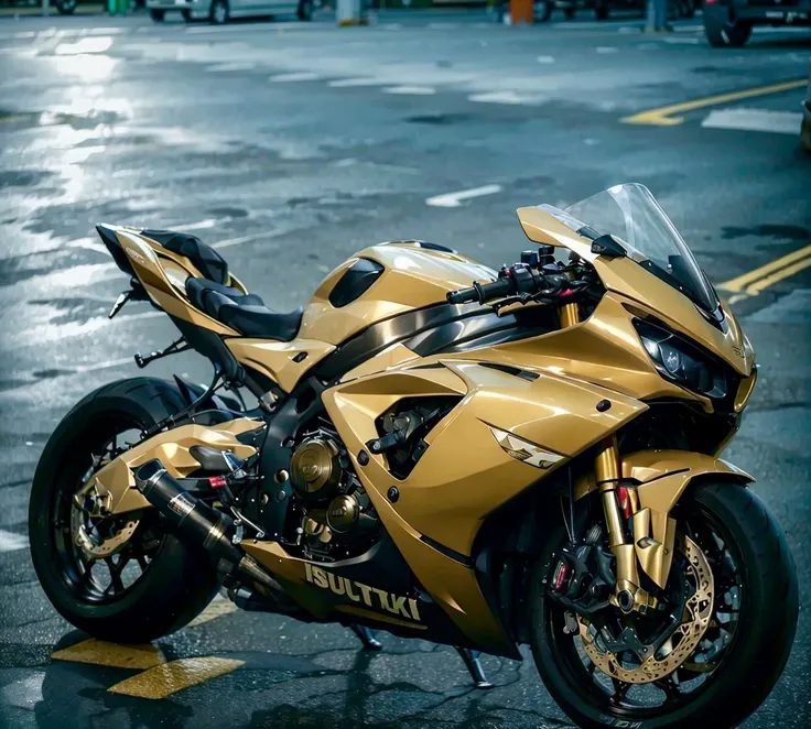 A super cool metallic yhmotorbike parked in the parking lot <lora:yhmotorbikev0.1:1>