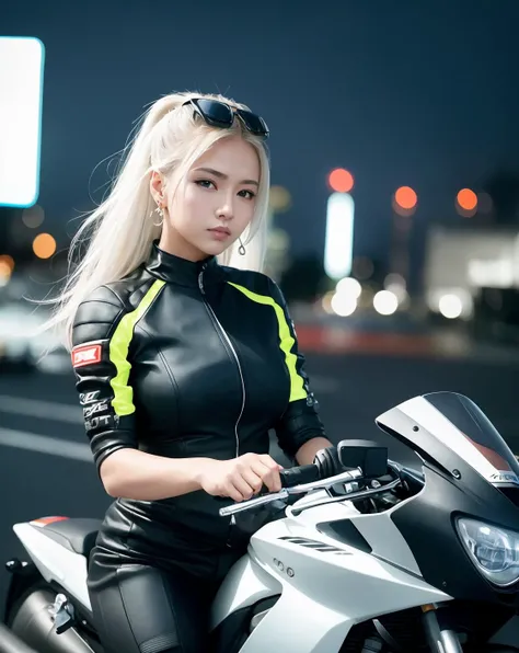 8k, realistic, ultra wide shot, front shot, facing front, from above, (sexy rider attire:0.5), earrings, white hair, messy bun, (large breasts), (riding a black motorbike), blacjk motorbike, yhmotorbike, motorbike, supebike, riding,((night)), ((dark sky)), ((neon lights)), ((lowkey lighting)), outdoor, city, cyberpunk, future, good face structure, good body structure, good eyes, symmetrical eyes, good fingers, good hands, good anatomy, sitting and riding on a motorbike, <lora:yhmotorbikev0.9-000001:1.2>
