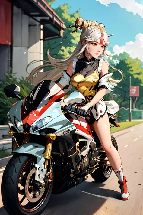 <lora:yhmotorbikev0.9:0.8> <lora:genshinfull1:1> ningguangdef riding a yhmotorbike, front view, fast, feet on stand, bent over,  from front, focused, motion lines, dutch angle, super speed, (masterpiece, best quality)