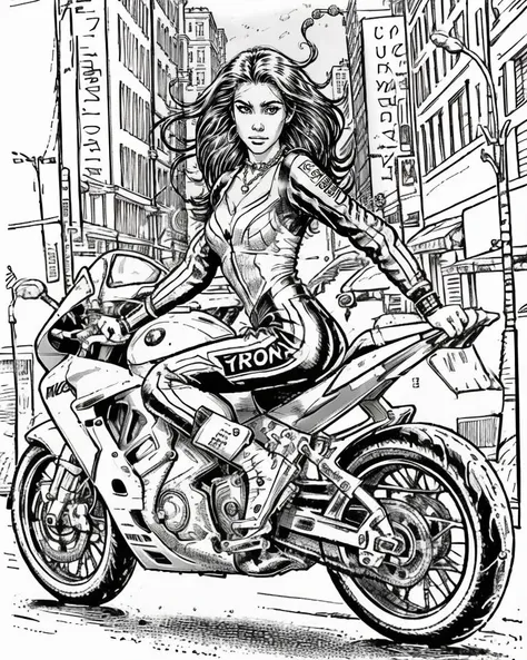 far shot,(a woman in a racing outfit), wearing a diamond necklace, red floating hair, driving a yhmotorbike on a city street, feet on stand, (long leg), very detailed, front view <lora:Gaz_Ink_Test:1.1> <lora:motorbikeEX_yhmotorbikeV09:.8>