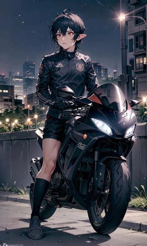 (((man))), (((male))), single person, solo, adult, sturdy, tall, western style, dragon horns on both sides of the head, dark skin, dark blue hair, short hair, red eyes, elf ears, strong, in a racing outfit, driving a motorcycle, feet on stand, soldier, warrior, fighter, city highway background, motion blur, depth of field effect, high resolution, beautiful detailed eyes, extremely detailed CG unity 8k wallpaper, <lora:yhmotorbikev0.9-000001:0.8>, <lora:LoconLoraOffsetNoise_locon0501:0.7>