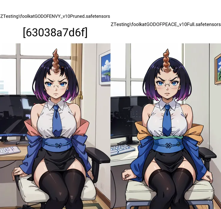 (masterpiece, best quality), intricate details,
1girl, <lora:elmatest:0.8> elma, black hair, blue eyes, dragon girl, gradient hair, horns, multicolored hair, purple hair, short hair, (single horn:1.5), slit pupils,, elma, black hair, blue eyes, glasses, multicolored hair, short hair, slit pupils,, bare shoulders, black legwear, blue ribbon, japanese clothes, kimono, leotard, leotard under clothes, long sleeves, obi, off shoulder, open clothes, open kimono, ribbon, sash, scarf, skin tight, sleeveless, wide sleeves,, collared shirt, long sleeves, necktie, office lady, pencil skirt, shirt, skirt, wing collar,,
angry, glaring,
<lora:shadedFaceEyesIn_shadedFace:0.8> shaded face, bedroom, bed, window, <lora:gaming_girl_v1.2:0.8> gaming chair, computer, keyboard, monitors, sitting in chair,
