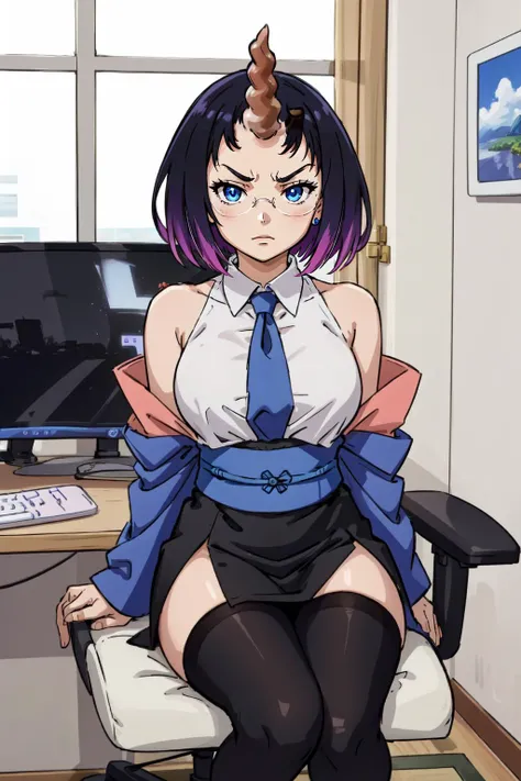 (masterpiece, best quality), intricate details,
1girl, <lora:elmatest:0.8> elma, black hair, blue eyes, dragon girl, gradient hair, horns, multicolored hair, purple hair, short hair, (single horn:1.5), slit pupils,, elma, black hair, blue eyes, glasses, multicolored hair, short hair, slit pupils,, bare shoulders, black legwear, blue ribbon, japanese clothes, kimono, leotard, leotard under clothes, long sleeves, obi, off shoulder, open clothes, open kimono, ribbon, sash, scarf, skin tight, sleeveless, wide sleeves,, collared shirt, long sleeves, necktie, office lady, pencil skirt, shirt, skirt, wing collar,,
angry, glaring,
<lora:shadedFaceEyesIn_shadedFace:0.8> shaded face, bedroom, bed, window, <lora:gaming_girl_v1.2:0.8> gaming chair, computer, keyboard, monitors, sitting in chair,