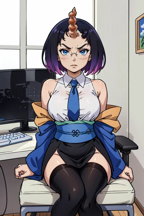 (masterpiece, best quality), intricate details,
1girl, <lora:elmatest:0.8> elma, black hair, blue eyes, dragon girl, gradient hair, horns, multicolored hair, purple hair, short hair, (single horn:1.5), slit pupils,, elma, black hair, blue eyes, glasses, multicolored hair, short hair, slit pupils,, bare shoulders, black legwear, blue ribbon, japanese clothes, kimono, leotard, leotard under clothes, long sleeves, obi, off shoulder, open clothes, open kimono, ribbon, sash, scarf, skin tight, sleeveless, wide sleeves,, collared shirt, long sleeves, necktie, office lady, pencil skirt, shirt, skirt, wing collar,,
angry, glaring,
<lora:shadedFaceEyesIn_shadedFace:0.8> shaded face, bedroom, bed, window, <lora:gaming_girl_v1.2:0.8> gaming chair, computer, keyboard, monitors, sitting in chair,