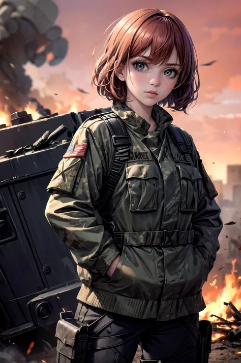 (masterpiece, best quality, detailed), 1girl, solo, looking at viewer,
<lora:blackwidow-nvwls-v1:0.9>, blkwidow, <lora:camouflage_uniform04:0.5>, wearing camouflage_uniform, world war ii, war, military vehicle, battlefield, battle, dust, smoke, burning, fire, red sky, explosion, hands in pockets, expressionless